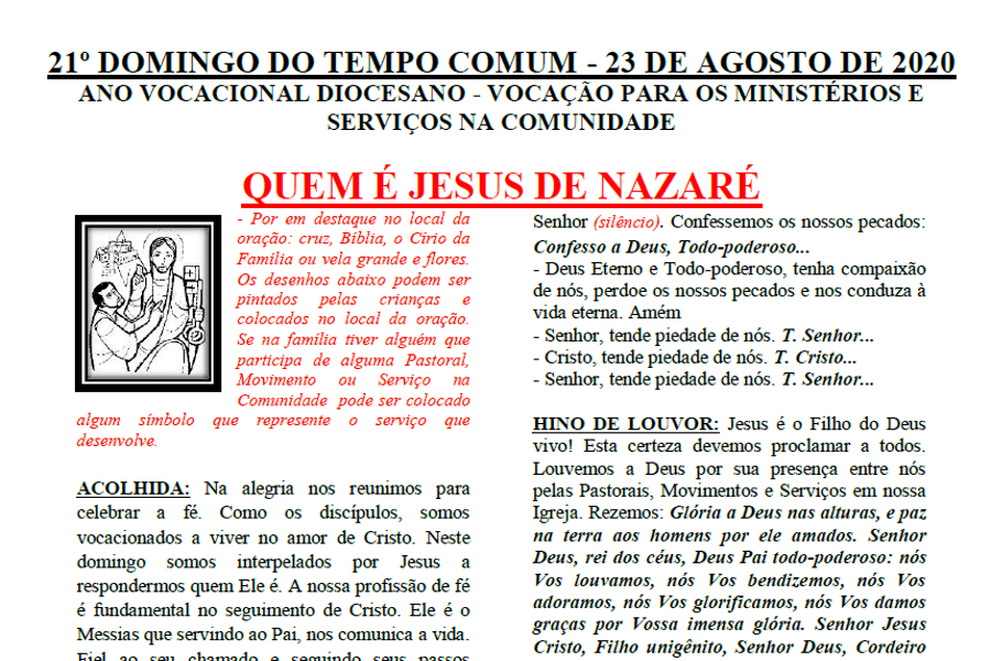 Folheto de celebração do 21° Domingo do Tempo Comum em Família