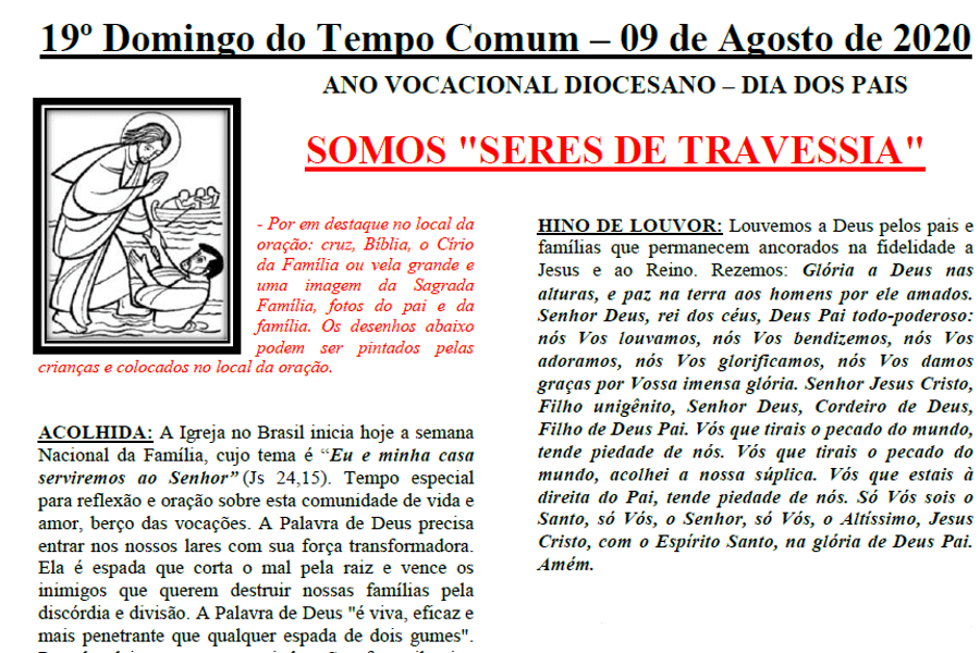 Folheto de celebração do 19° Domingo do Tempo Comum em Família