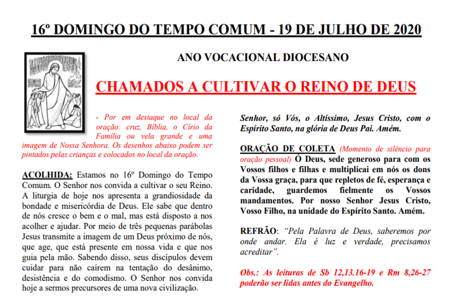 Folheto de celebração do 16° Domingo do Tempo Comum em Família