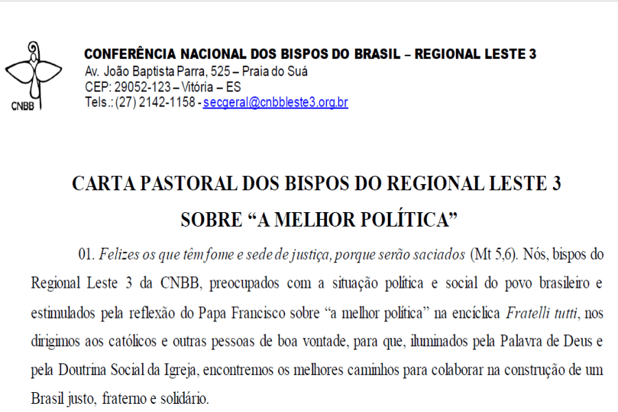 Carta Pastoral dos Bispos do Regional Leste 3 “A melhor Política”